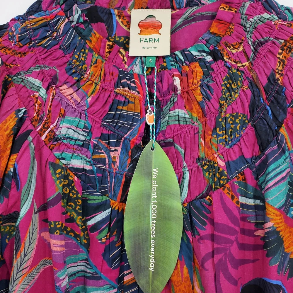 Anthropologie Farm Rio Rainbow Macaws Mini Dress Puff Sleeve Ruffle NEW - Picture 4 of 8